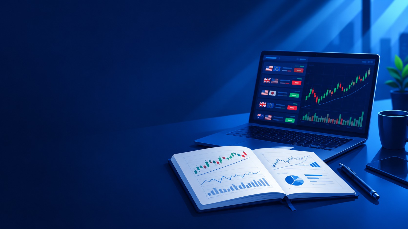 Open notebook with chart sketches beside a laptop showing currency pairs